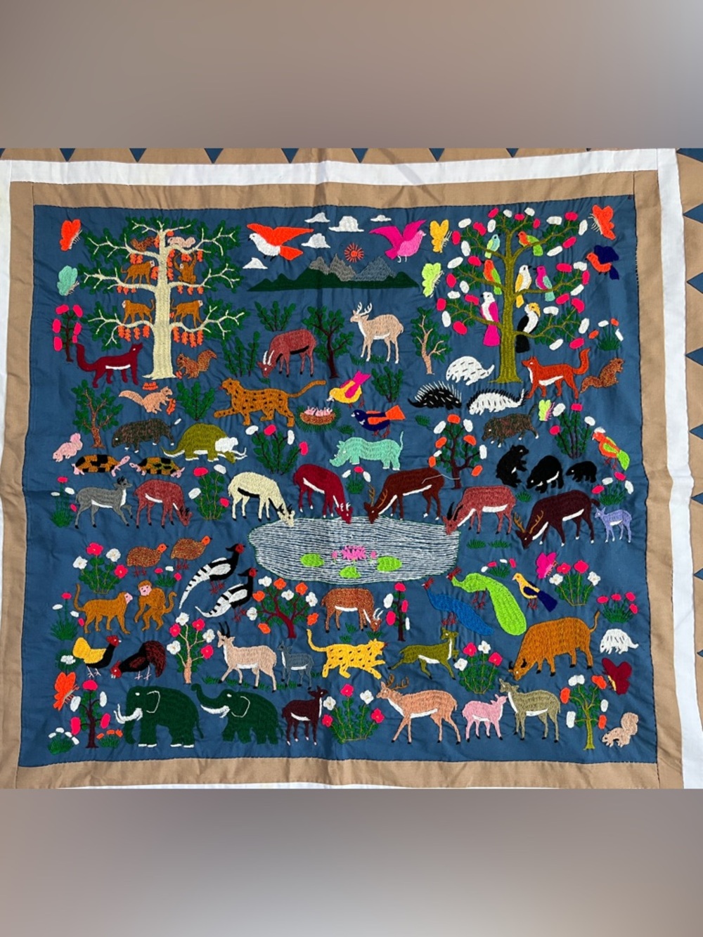 Vtg Hmong Thailand Story Cloth 36 x 38 Forest Jungle Animal Watering Hole Blue